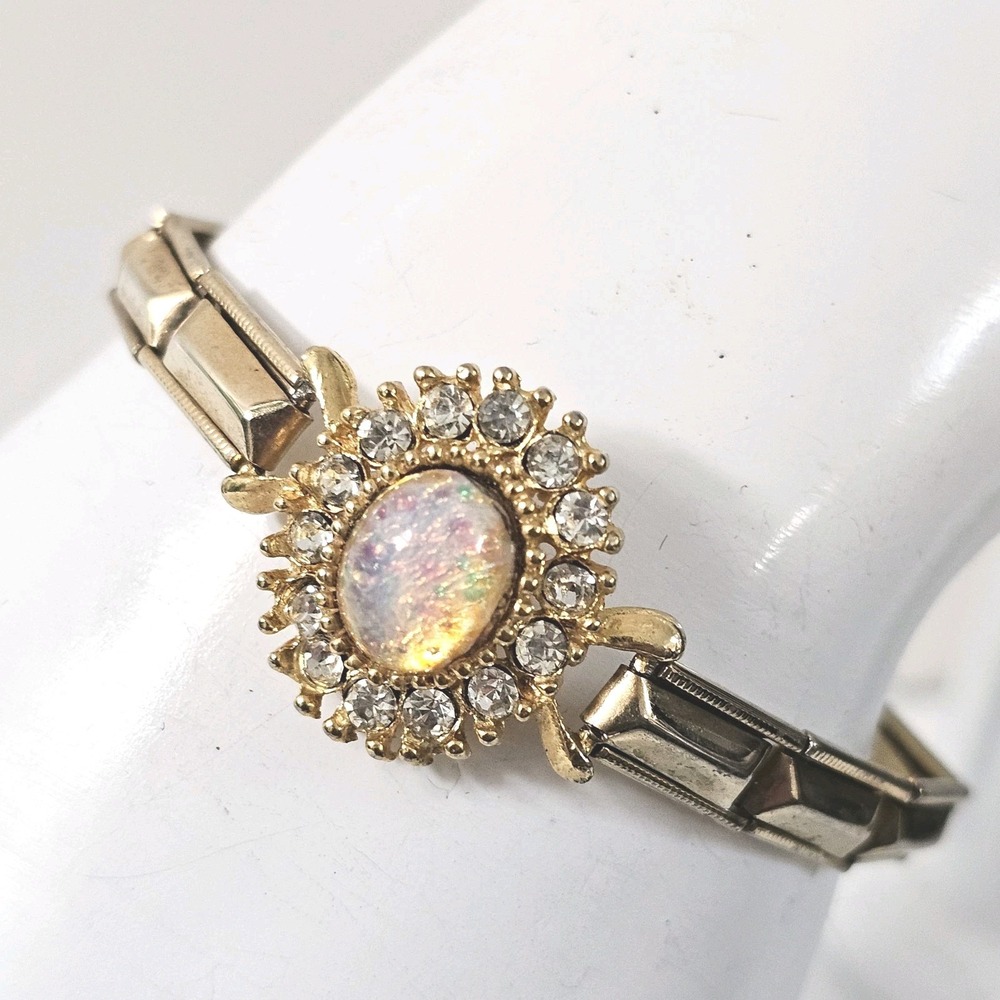 Vintage Opal Glass Gold Toned Rhinestone Bracelet Japan 6"